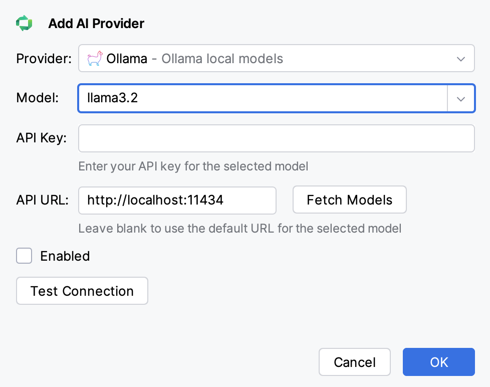 Add AI Provider dialog with Ollama selected, a model, the default local API URL and the Fetch Models button