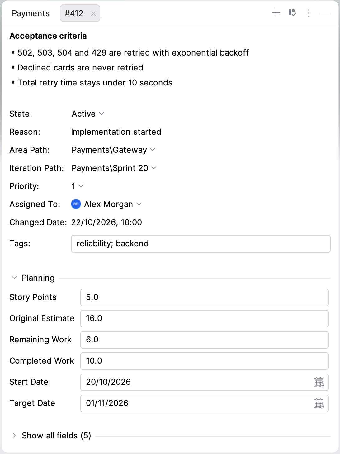 Work item details tab with the state, area, iteration, priority and assignee fields and the Planning group expanded