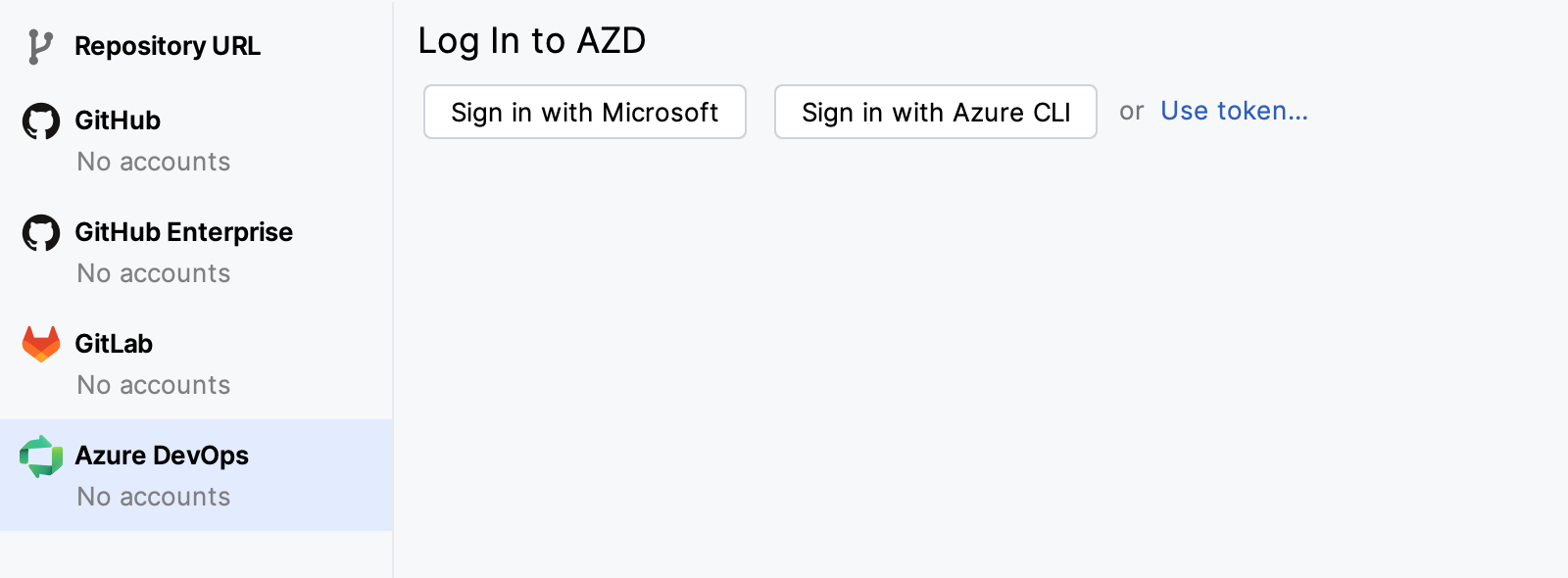 Clone Repository dialog with Azure DevOps selected and the Log In to AZD options Clone Repository dialog with Azure DevOps selected and the Log In to AZD options