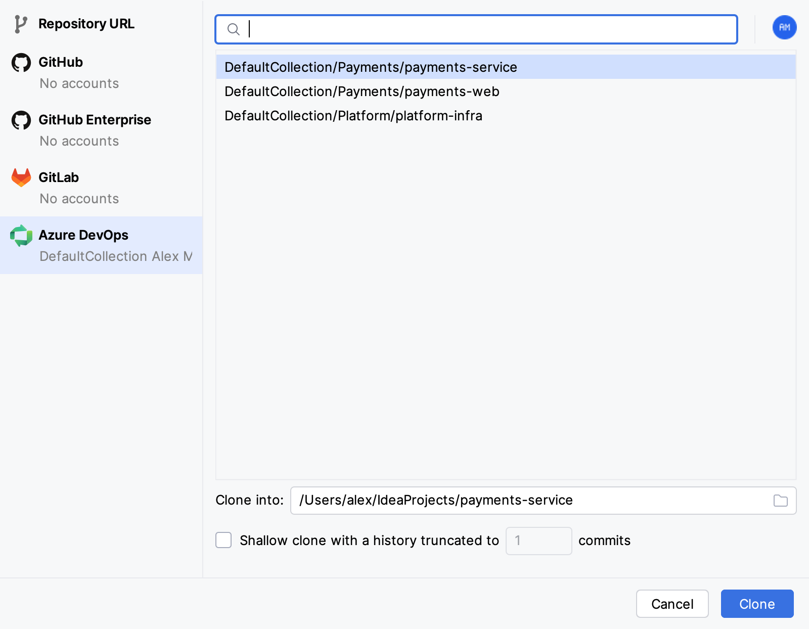 Clone Repository dialog listing Azure DevOps repositories with the shallow clone option Clone Repository dialog listing Azure DevOps repositories with the shallow clone option