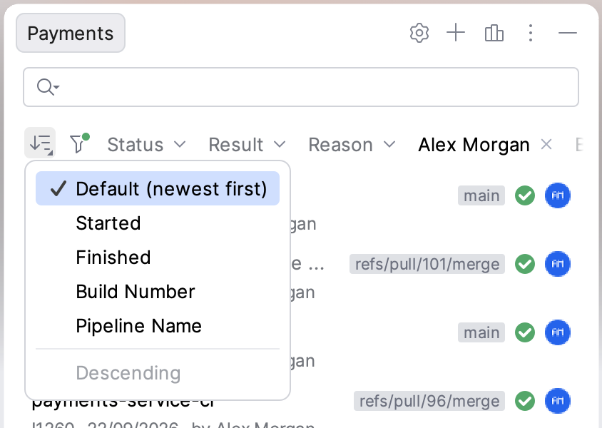 Sort popup open over the AZD Pipelines run list