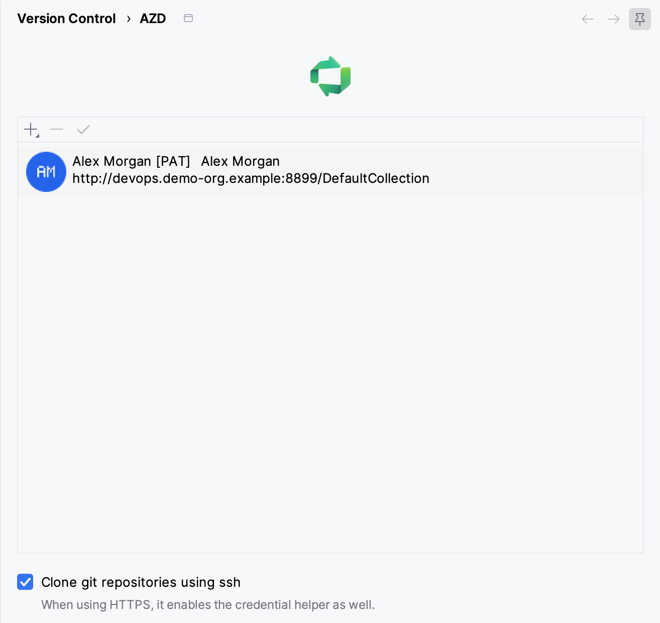 AZD accounts page with an account and Clone git repositories using ssh selected