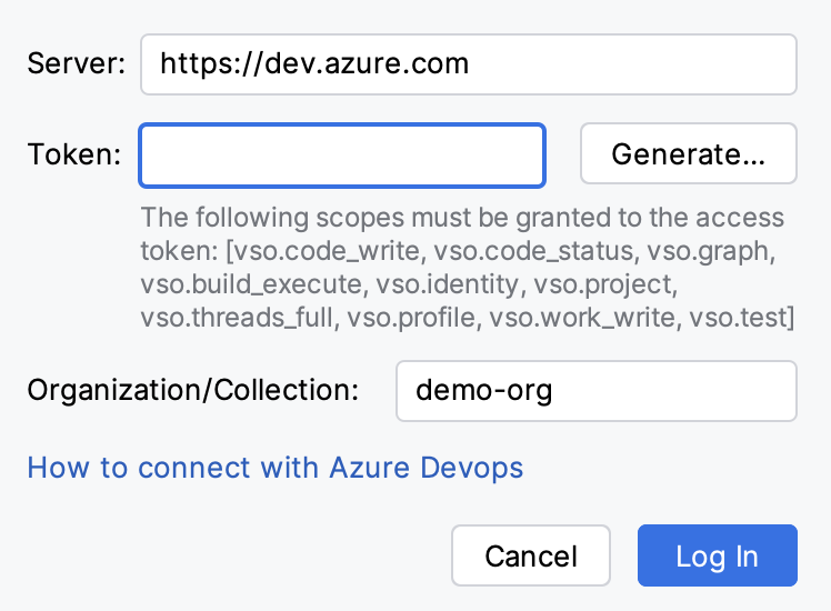 Add AZD Account dialog with the server URL and organization filled in for Azure DevOps Services