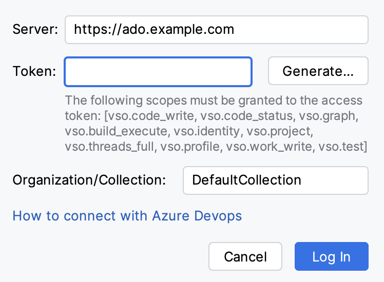 Add AZD Account dialog with an Azure DevOps Server URL and the DefaultCollection collection