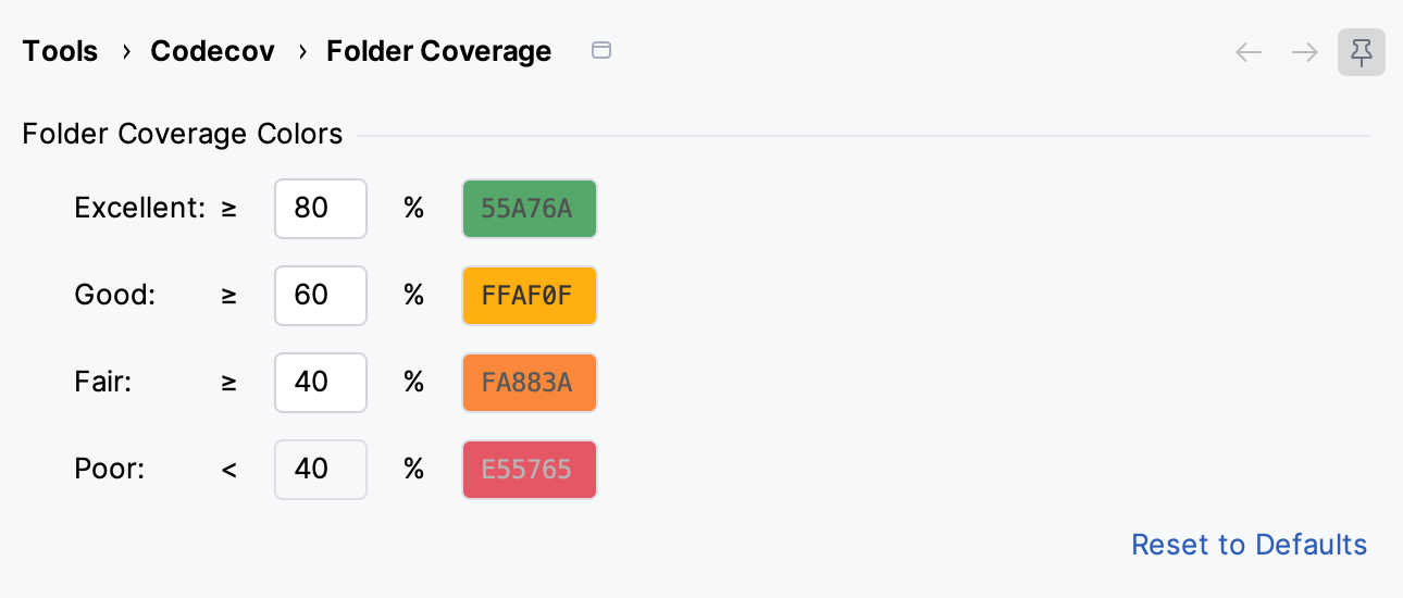 Folder Coverage settings with the threshold and color of the Excellent, Good, Fair and Poor bands and the Reset to Defaults link