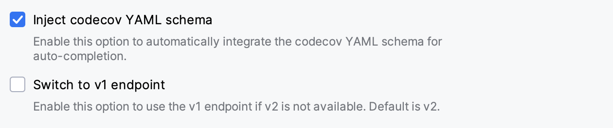 Inject codecov YAML schema and Switch to v1 endpoint options in the Codecov settings