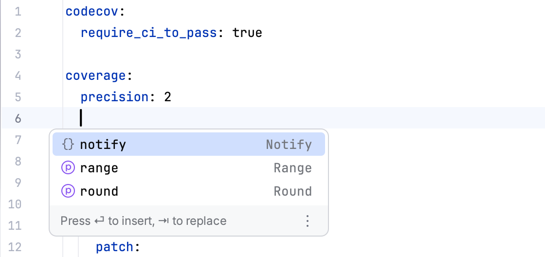 Code completion in codecov.yml suggesting the notify, range and round keys under coverage