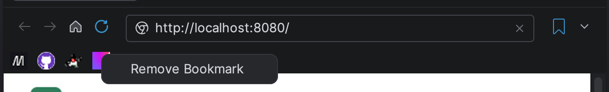 GBrowser bookmarks bar under the address field with the Remove Bookmark menu open