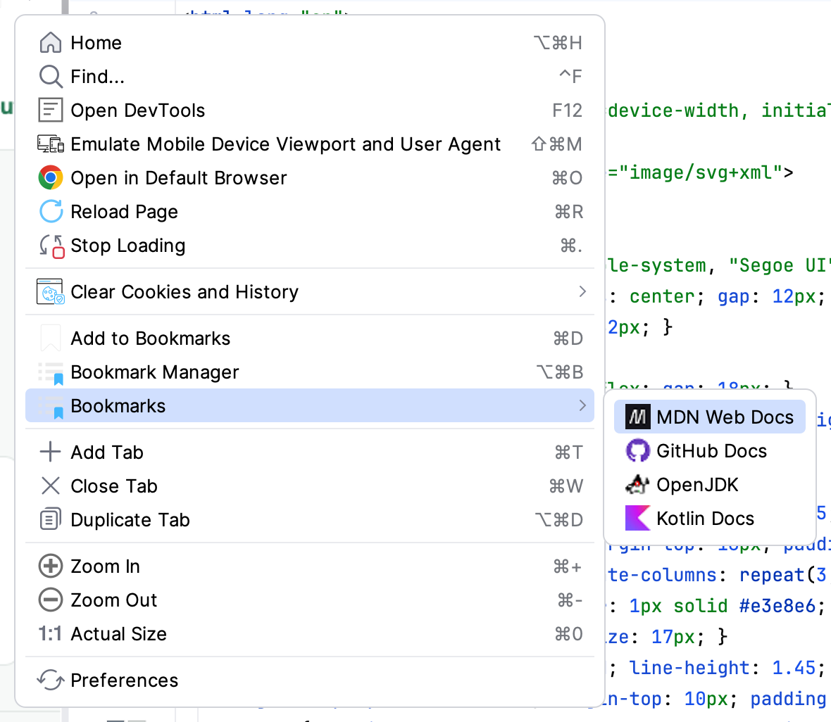 GBrowser More Options menu with the Bookmarks submenu listing saved bookmarks