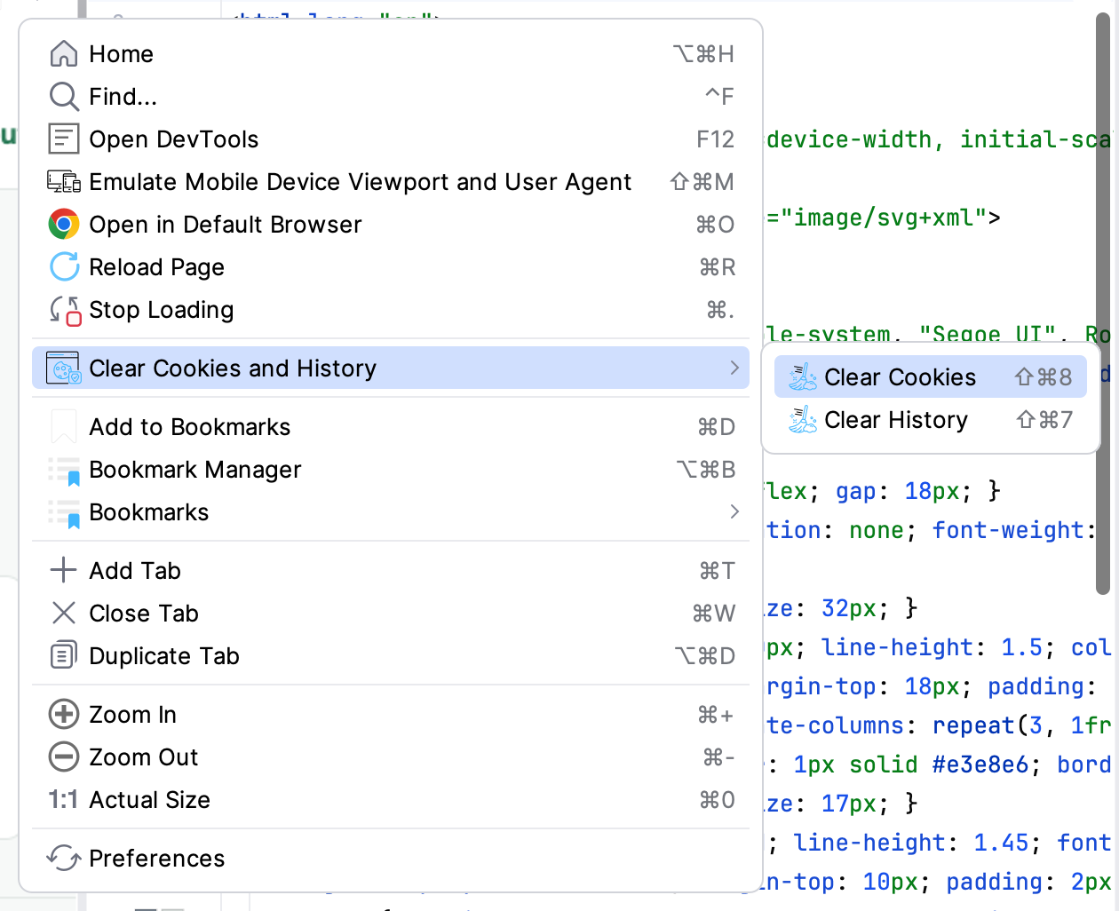 GBrowser Clear Cookies and History submenu with the Clear Cookies and Clear History items