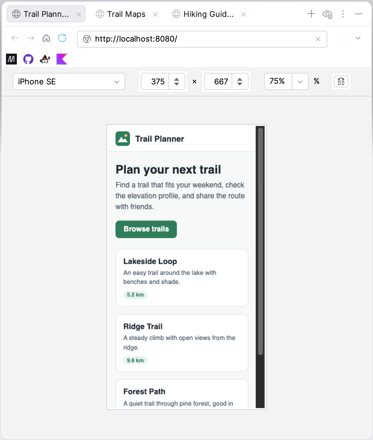 GBrowser device toolbar with iPhone SE selected and the page shown in a phone-sized frame
