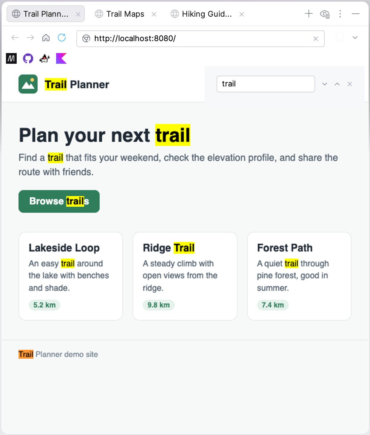 GBrowser page with the find box open and matching text highlighted