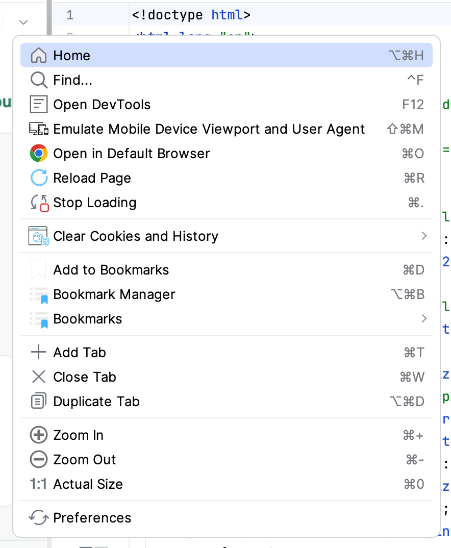 GBrowser More Options menu listing browser, bookmark, tab and zoom actions