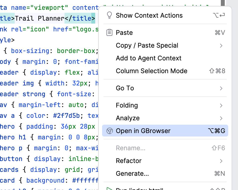 Editor context menu for an HTML file with the Open in GBrowser item