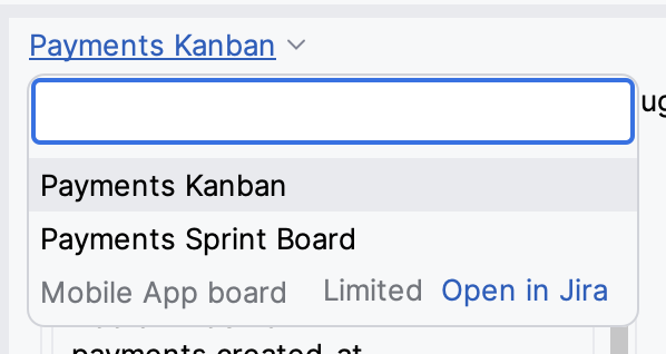 Board picker listing the boards of a space, with a team-managed board marked Limited