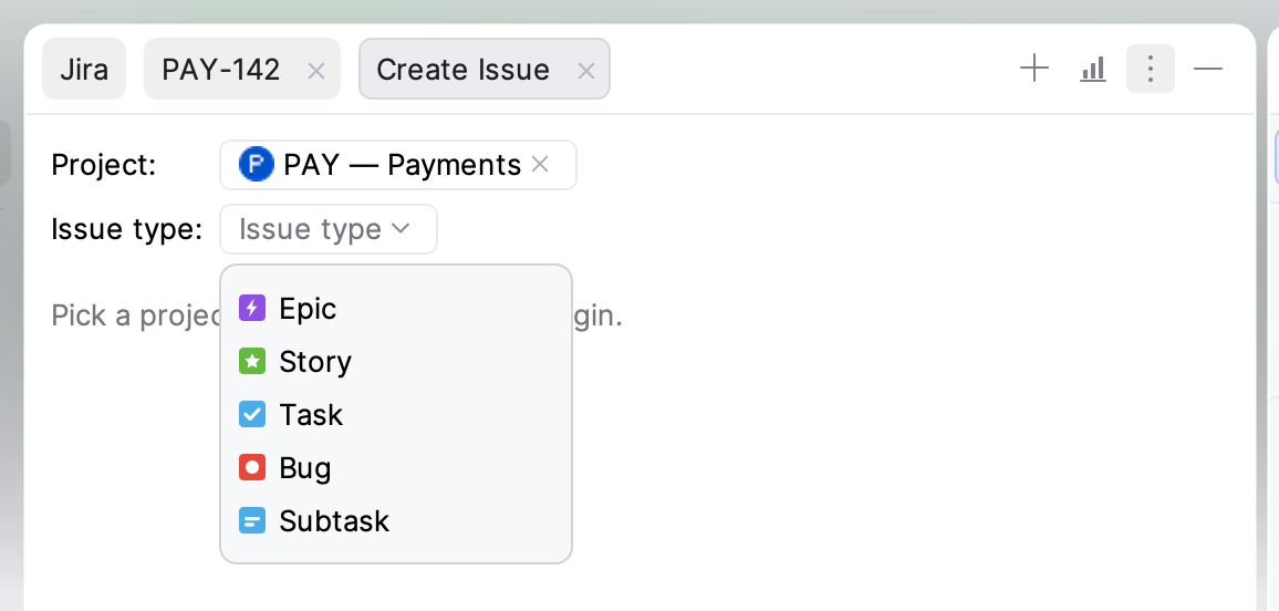 Create Issue form with the issue type dropdown showing issue type icons