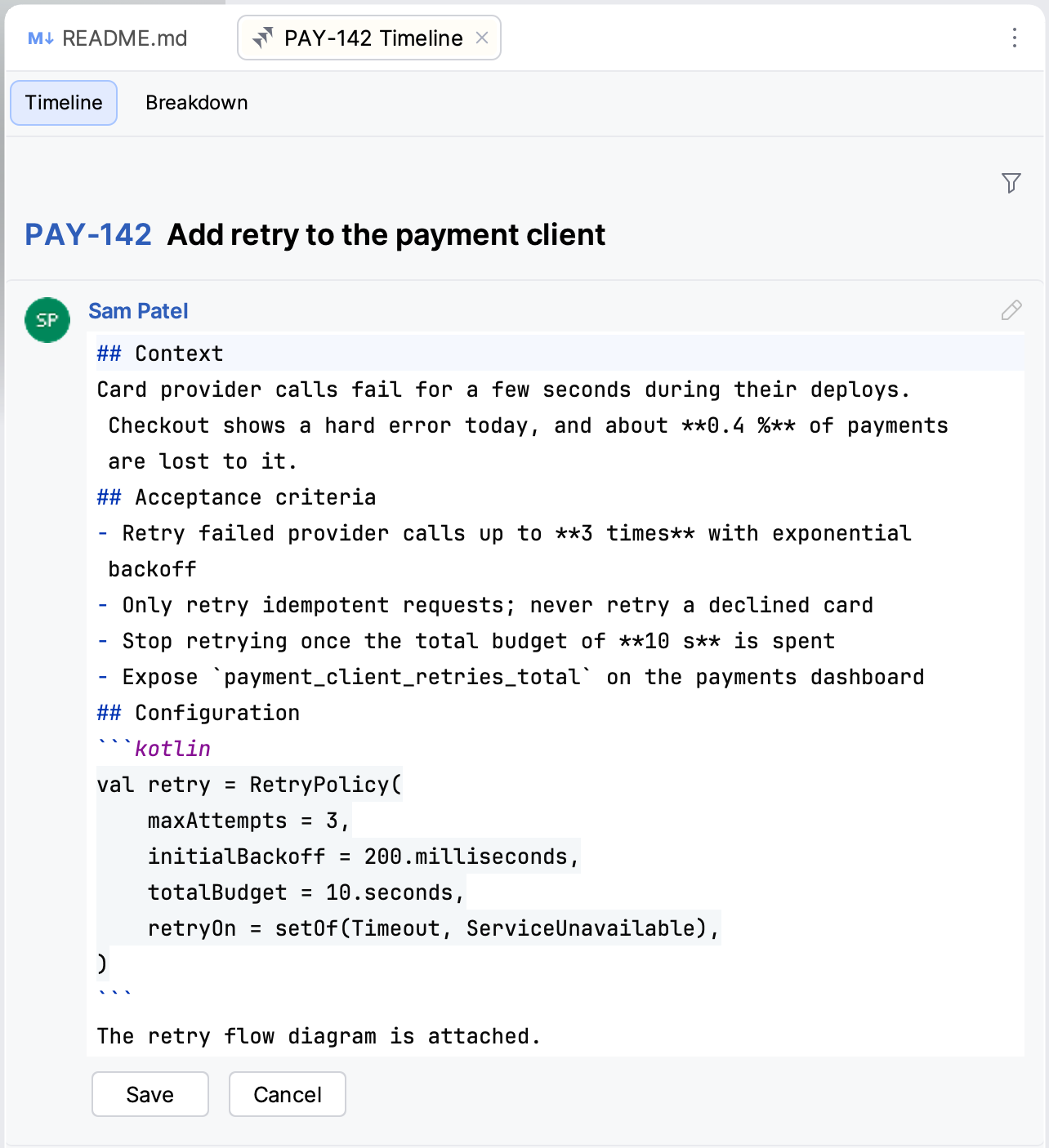Description being edited in place with the Save and Cancel buttons Description being edited in place with the Save and Cancel buttons