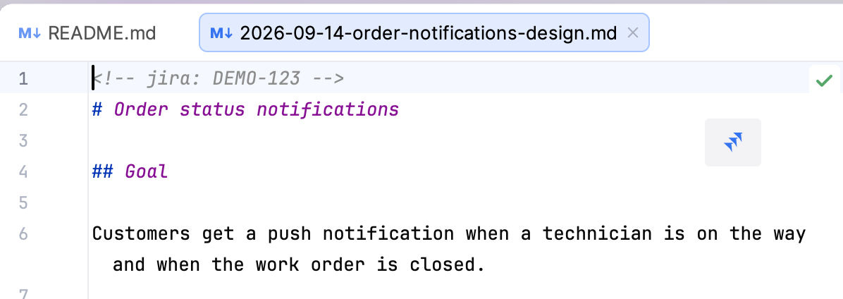 First lines of a Markdown document, with the Jira link marker on line 1