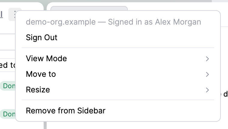 JirAI tool window options menu with the connected site and Sign Out