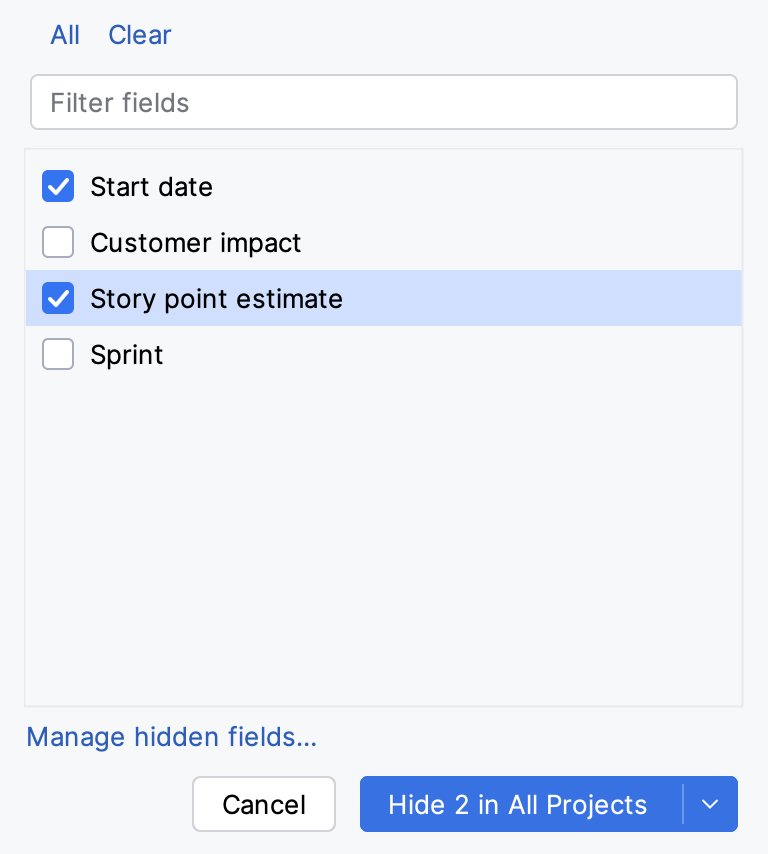 Hide Fields dialog with two fields selected