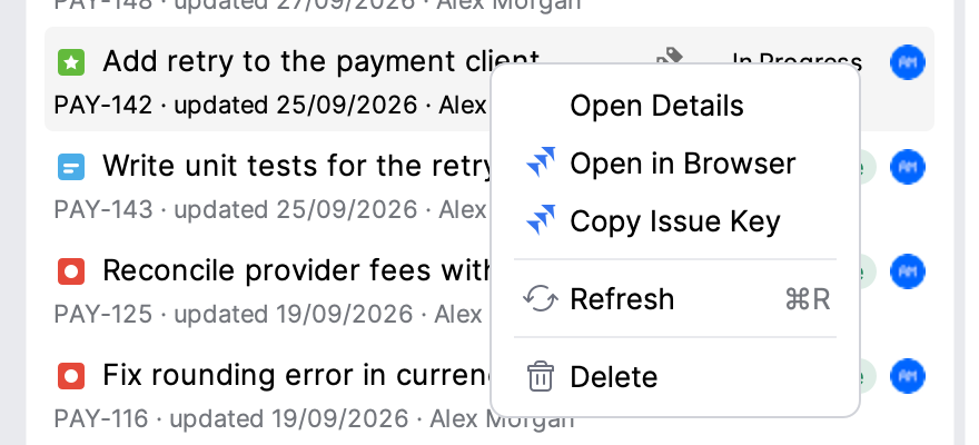Issue context menu with Open Details, Open in Browser, Copy Issue Key, Refresh and Delete