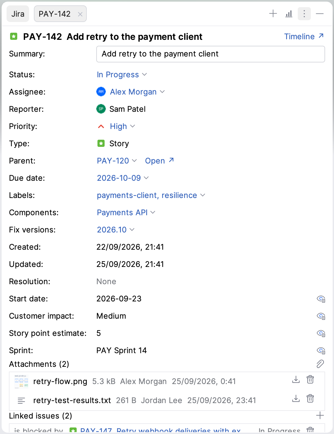 Issue details tab with the type icon, the parent link and the Linked issues section