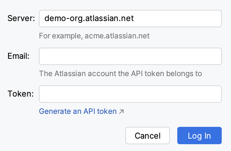 Log in to Jira dialog with the Server, Email and Token fields and the Generate an API token link