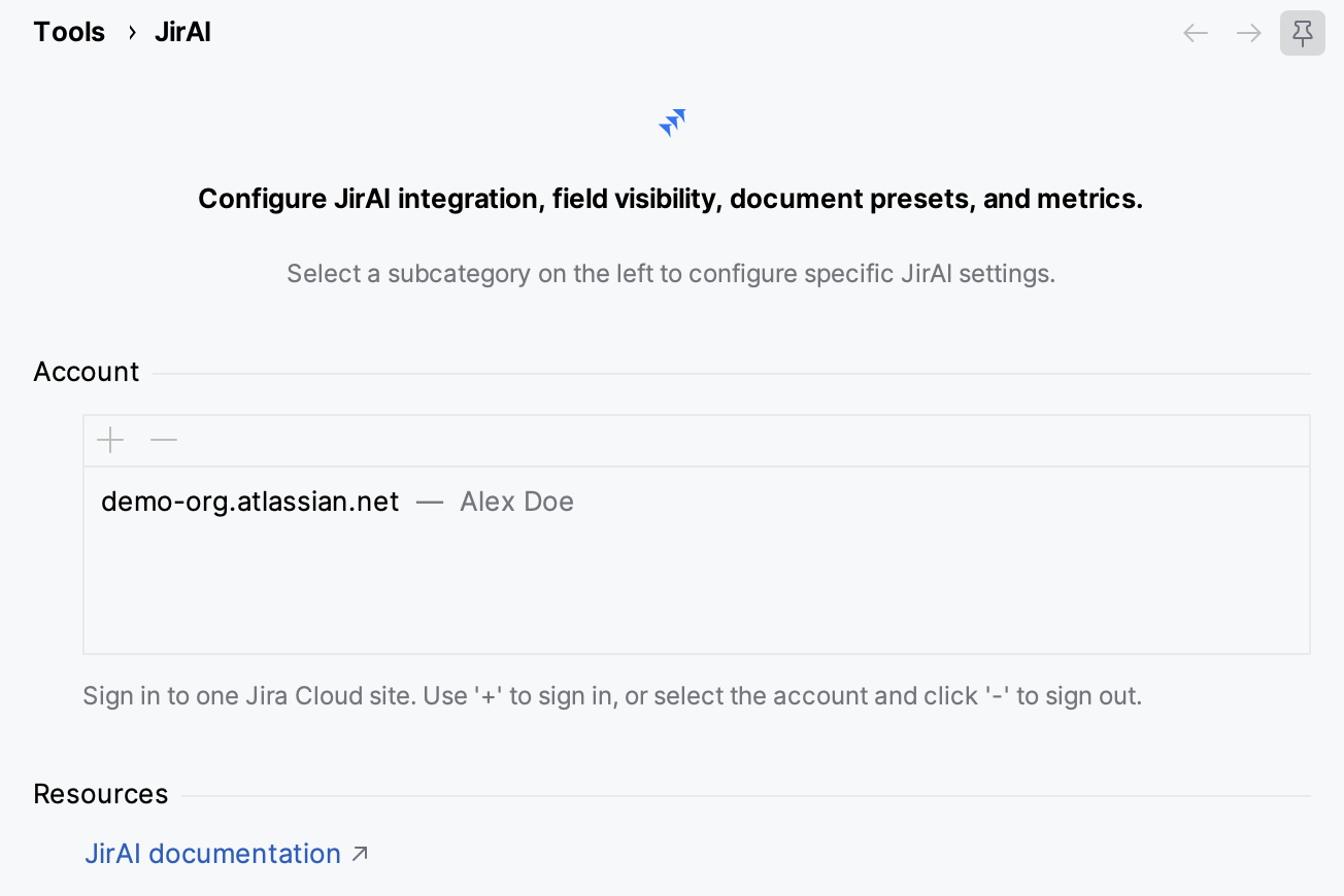 Settings page Tools JirAI with the signed-in account in the Account group