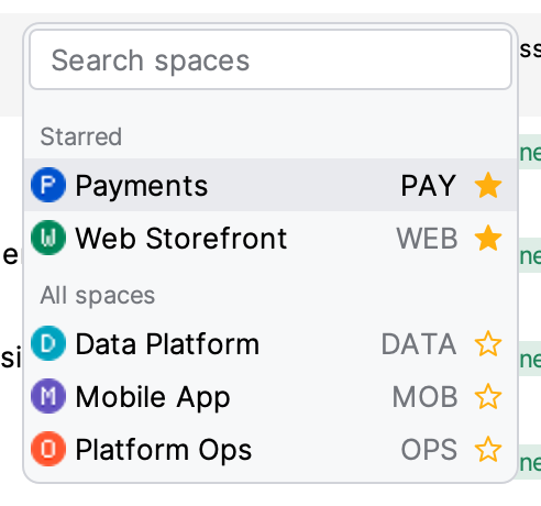 Space chooser with the Starred and All spaces groups
