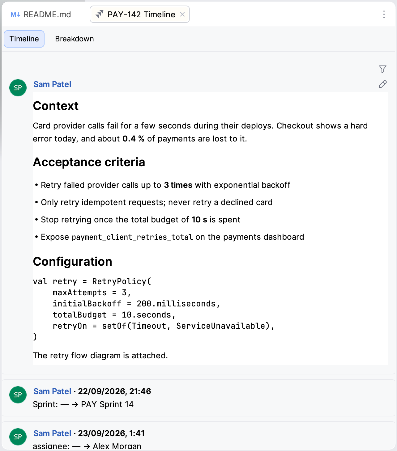 Issue timeline with the description and the sprint and assignee changes Issue timeline with the description and the sprint and assignee changes