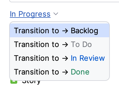 Status dropdown listing the available workflow transitions