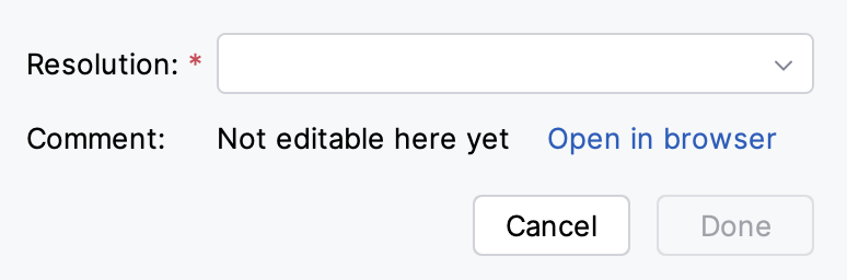 Transition dialog asking for the required Resolution field