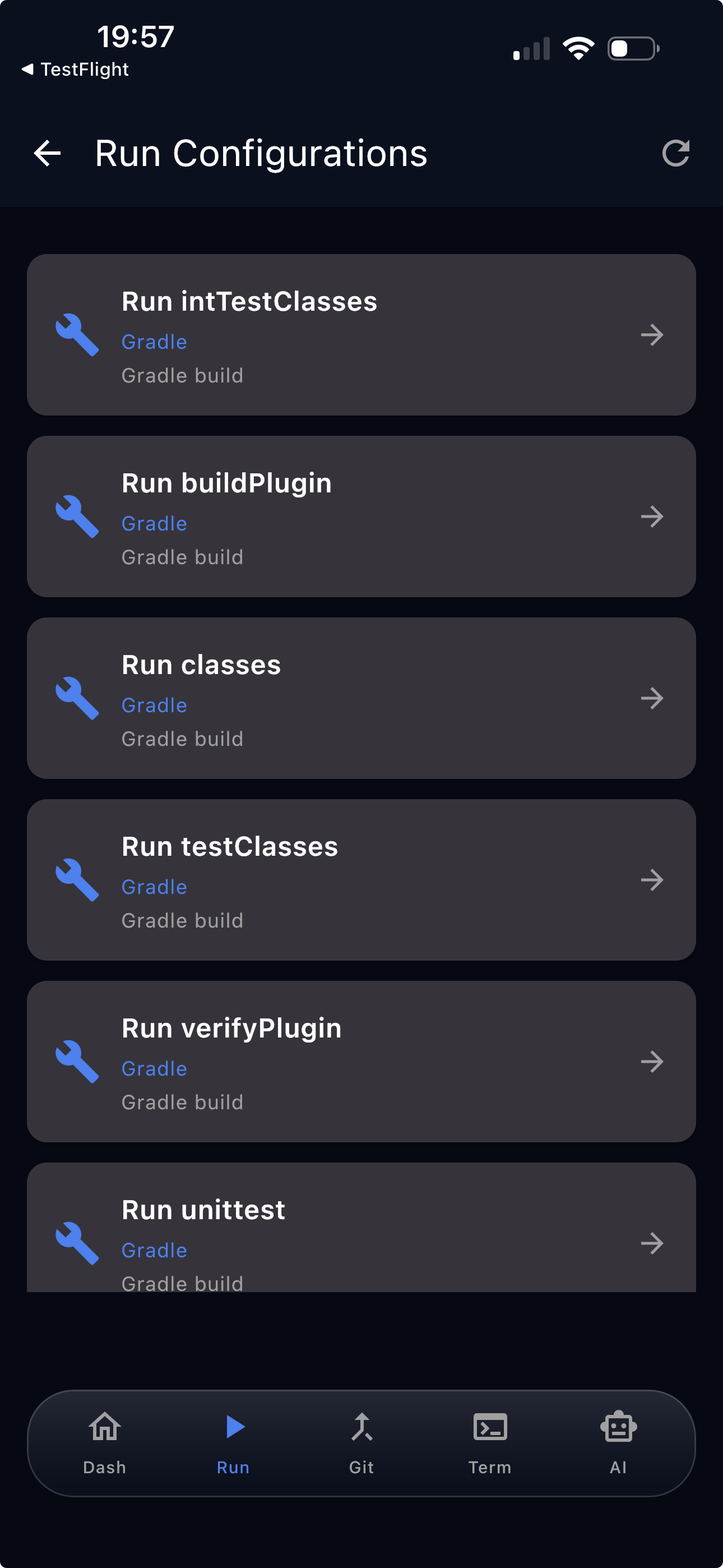 Run configurations screen