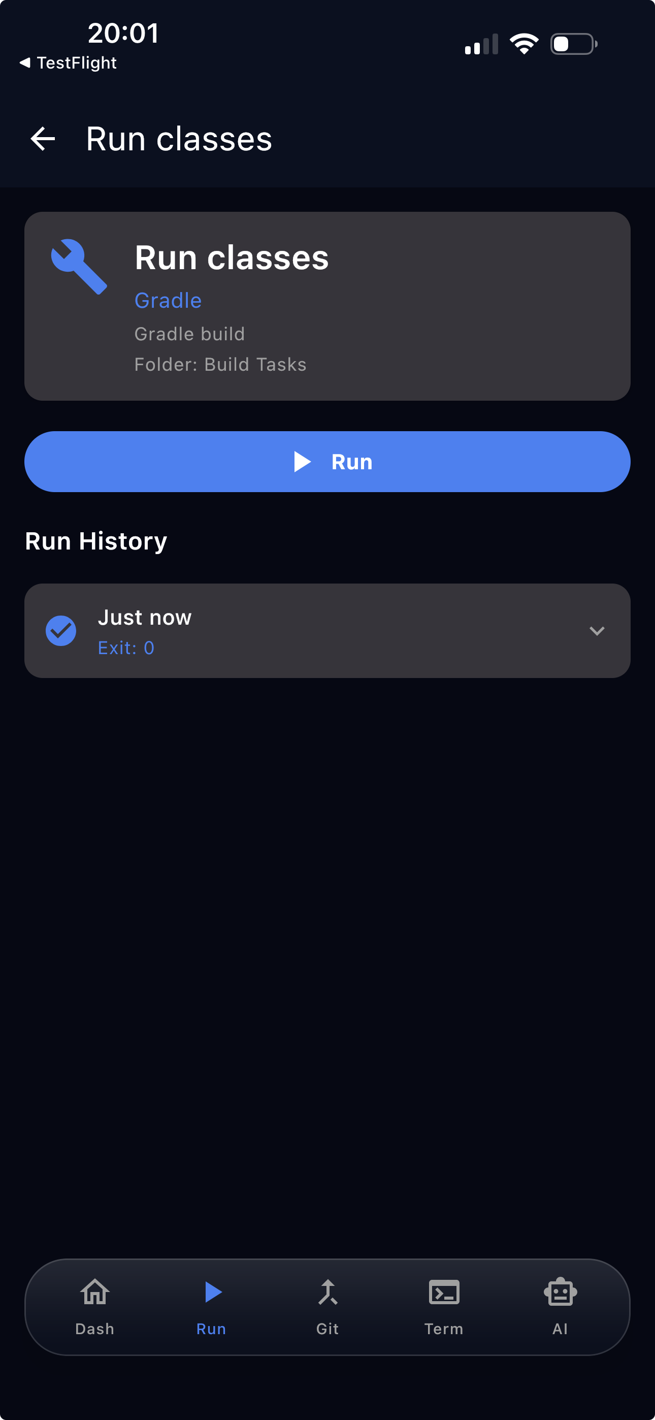 Run configuration detail view
